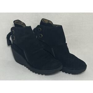 FLY LONDON YEBI Blue Suede Back Tie Closure Ankle Wedge Heel Booties 37 EUC